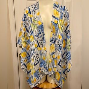 CATO LEMON AND BLUE FLORAL PRINT KIMONO SATIN STRIPED ONE SIZE NWT